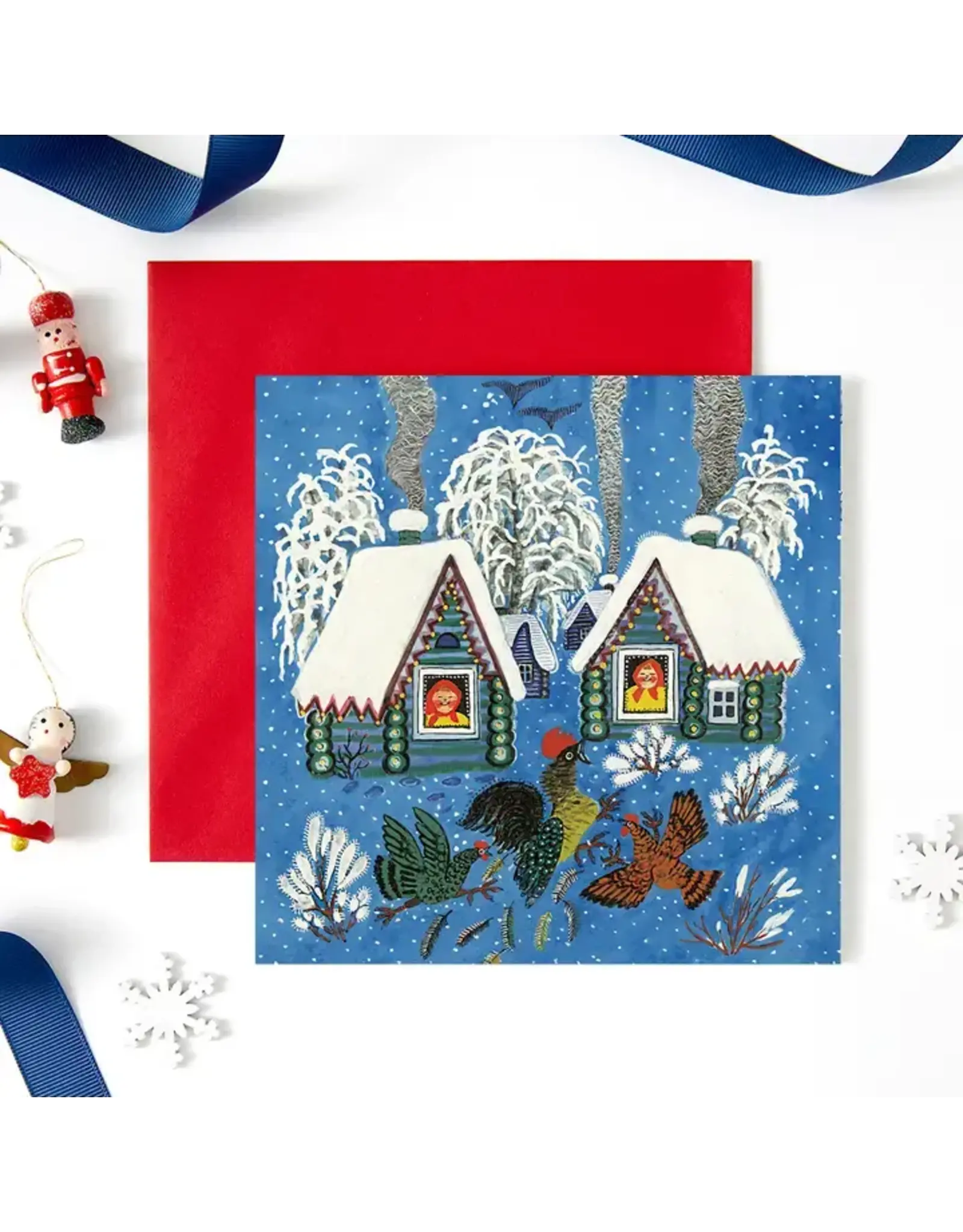 Chickens in Snow Christmas Greeting Card