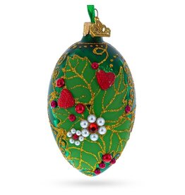 Pearl on Green Leaf Glass Egg Ornament