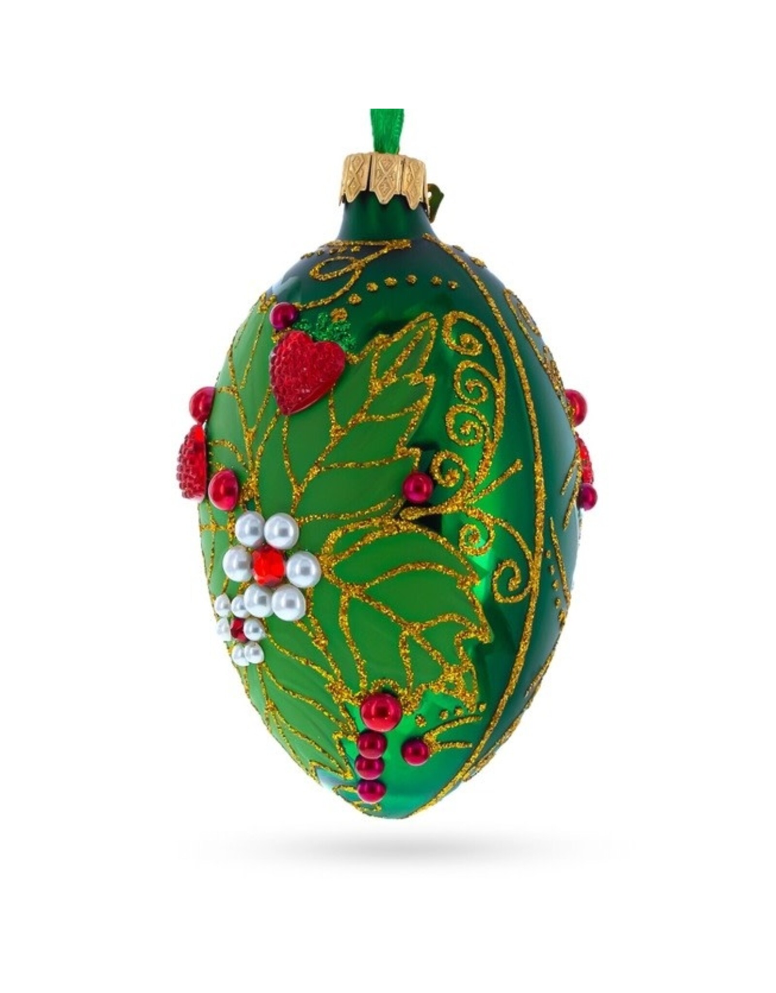 Pearl on Green Leaf Glass Egg Ornament