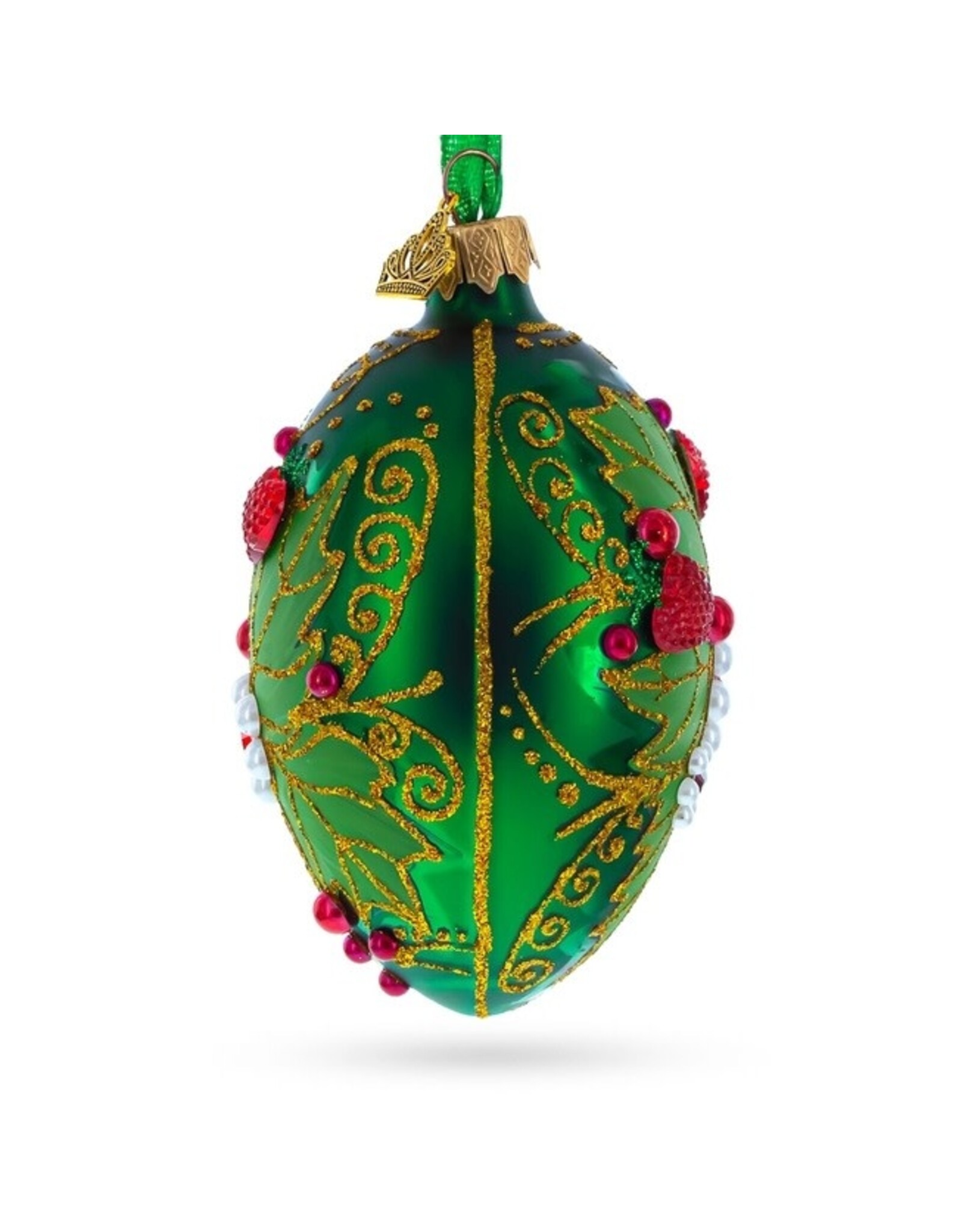 Pearl on Green Leaf Glass Egg Ornament