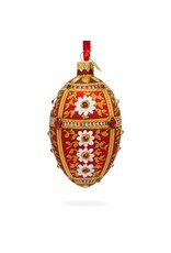 White Flowers on Red and Gold Glass Egg Ornament