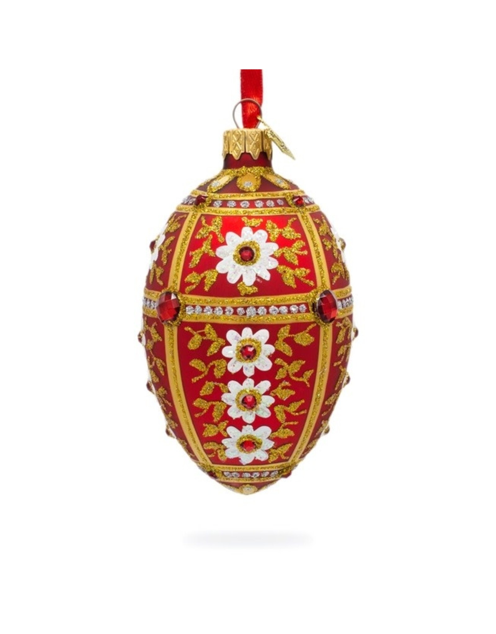 White Flowers on Red and Gold Glass Egg Ornament