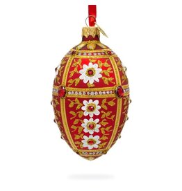 White Flowers on Red and Gold Glass Egg Ornament