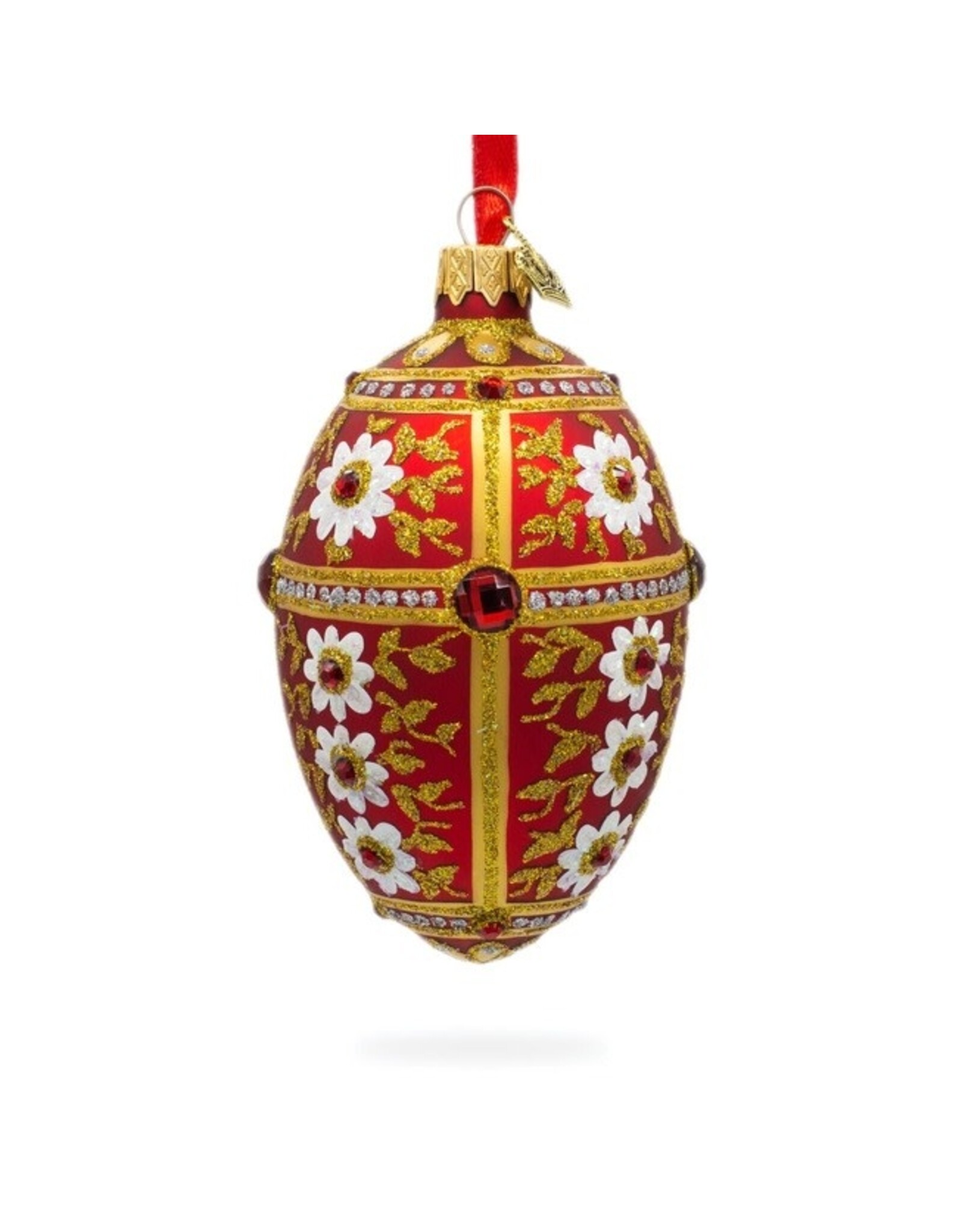 White Flowers on Red and Gold Glass Egg Ornament