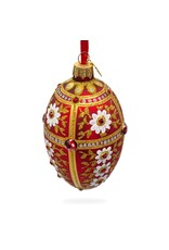 White Flowers on Red and Gold Glass Egg Ornament