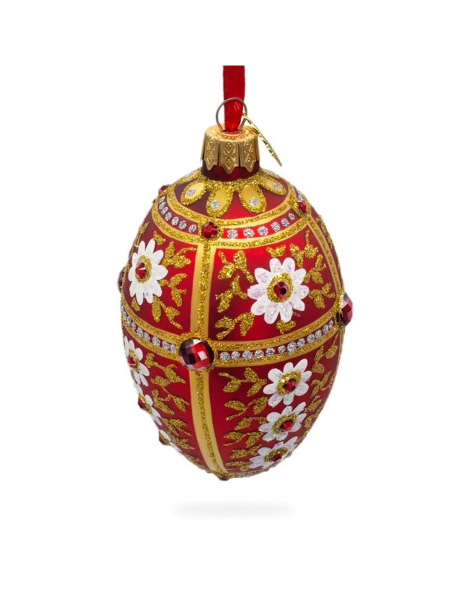 White Flowers on Red and Gold Glass Egg Ornament