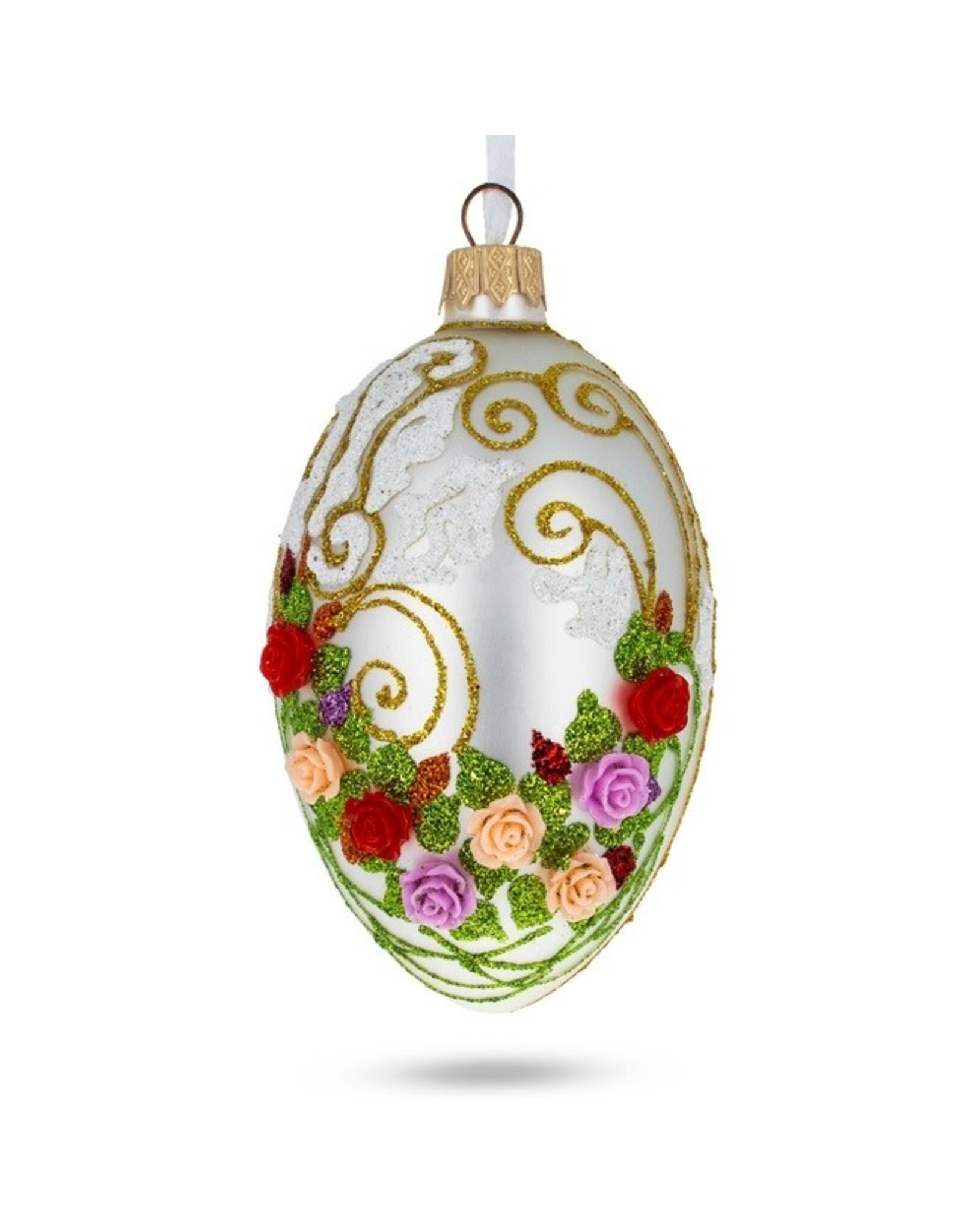 Rose Bouquet on Silver Royal Glass Egg Ornament