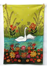 Folk Art Swan with Flowers Tea Towel