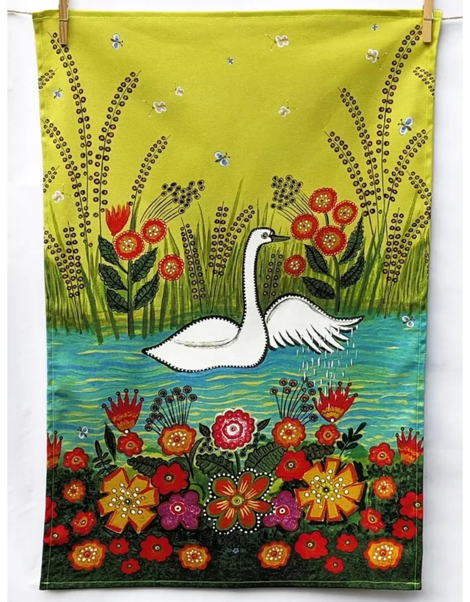 Folk Art Swan with Flowers Tea Towel