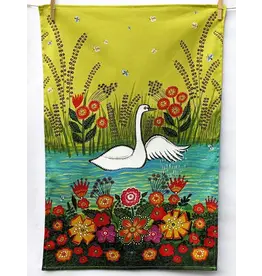Folk Art Swan with Flowers Tea Towel