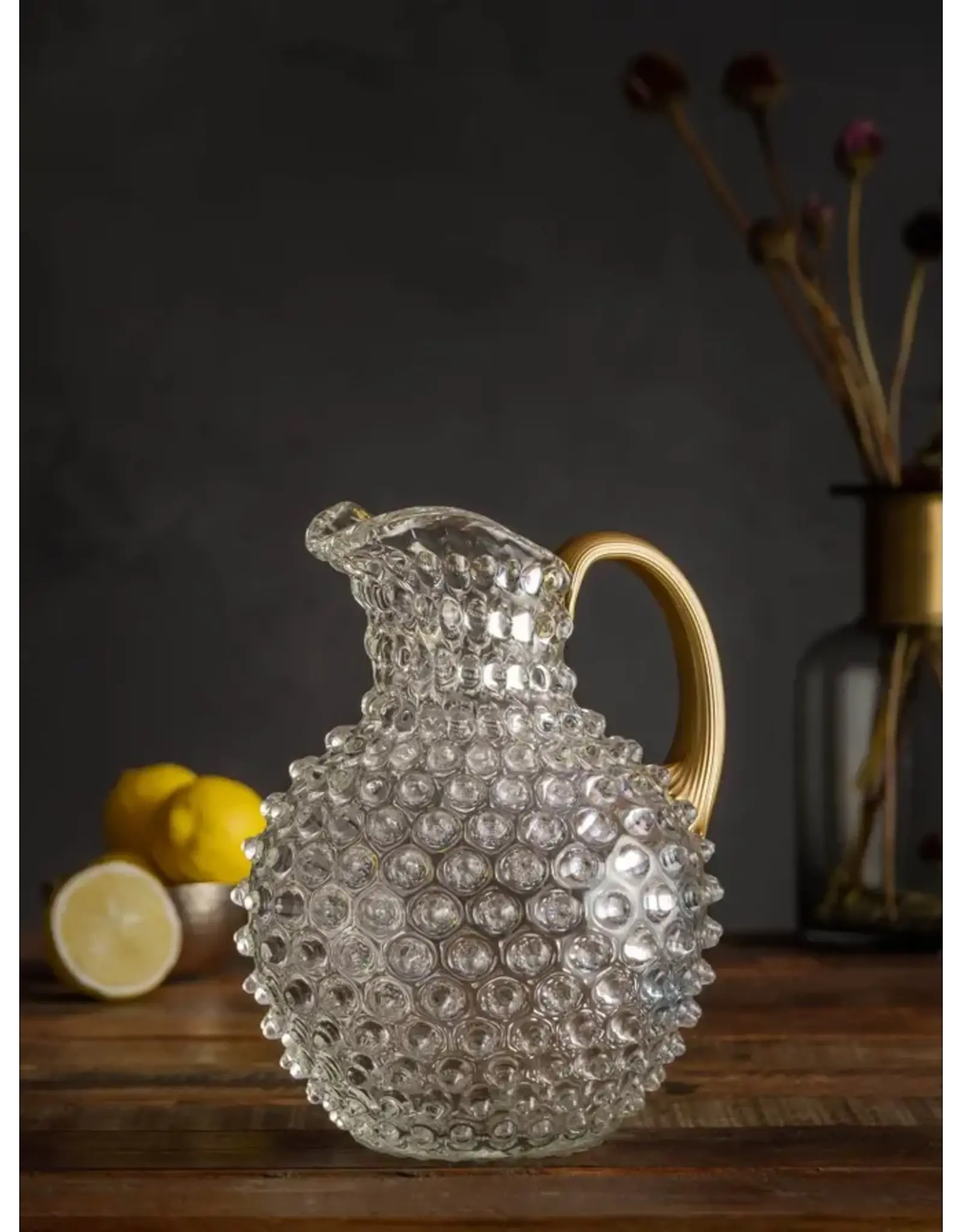 Czech Glass Clear Hobnail Pitcher with Golden Handle