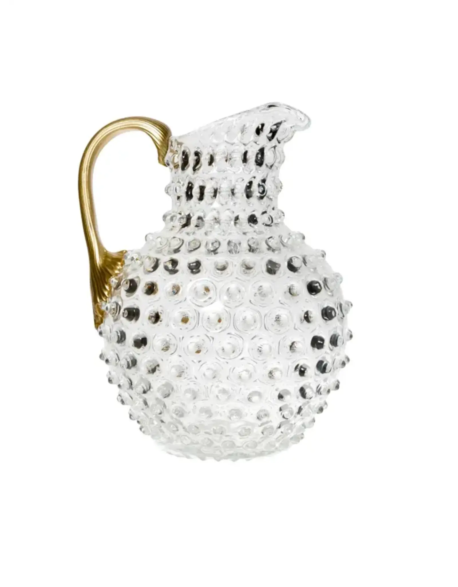Czech Glass Clear Hobnail Pitcher with Golden Handle