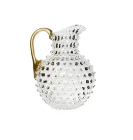 Czech Glass Clear Hobnail Pitcher with Golden Handle