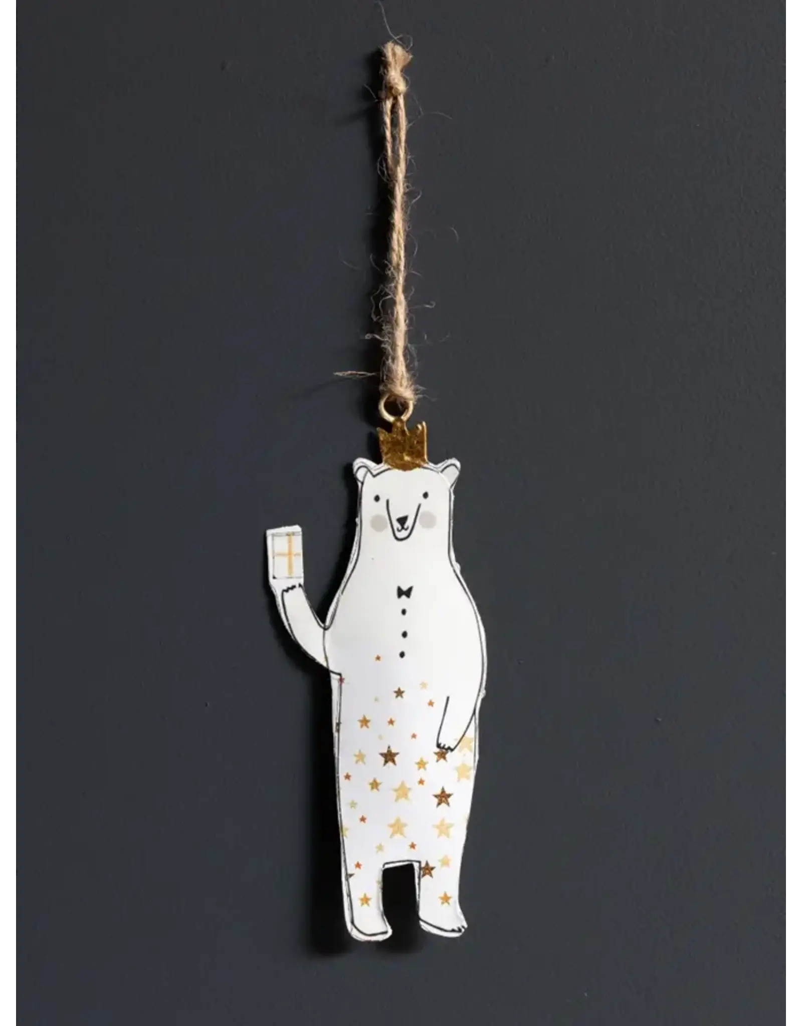 White Iron Bear Ornament with Golden Crown