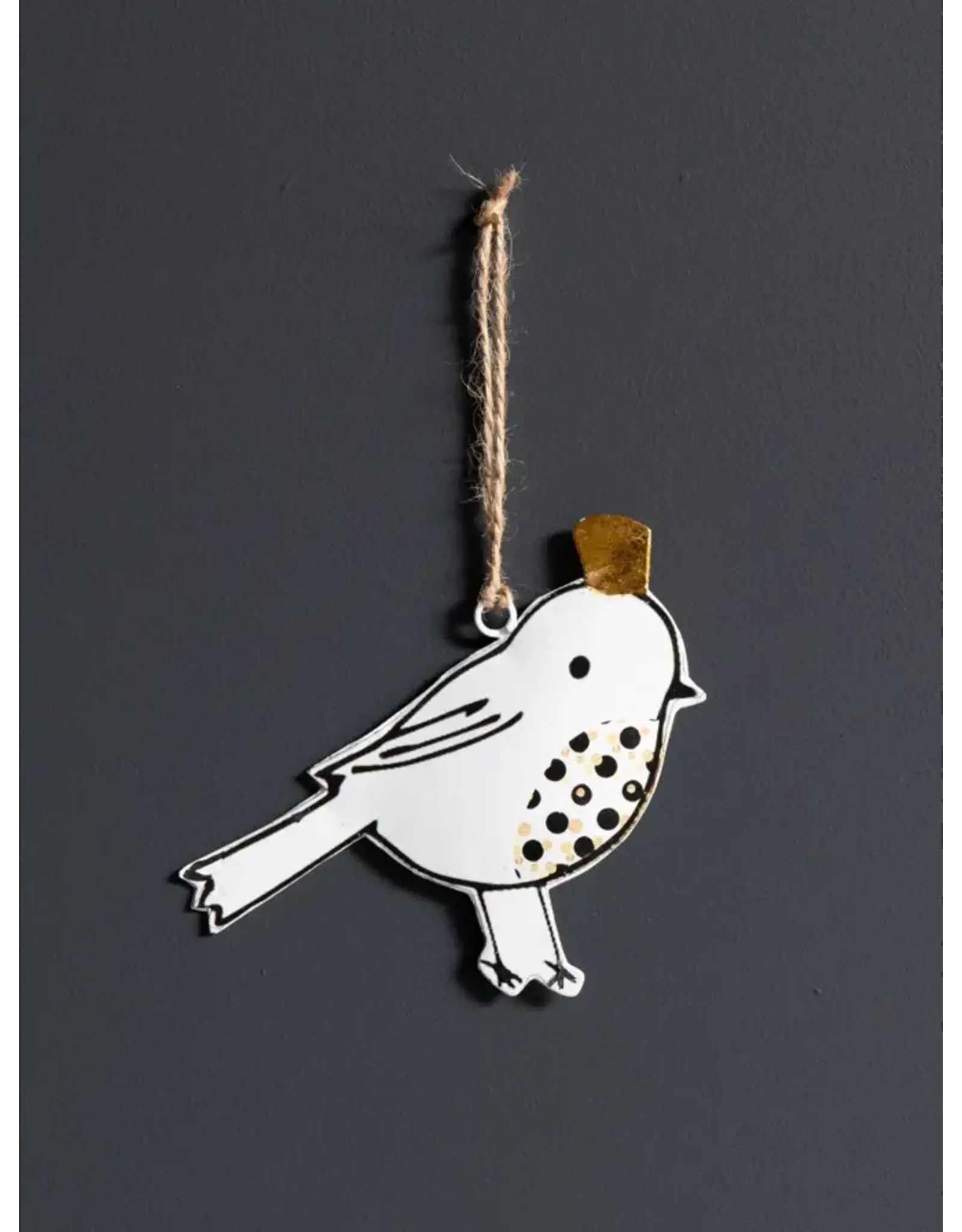 White Iron Bird Ornament with Golden Crown