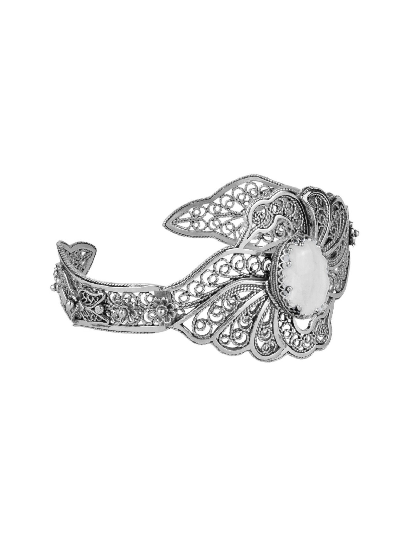 Sterling Silver Filigree Mother of Pearl Swan Cuff Bracelet
