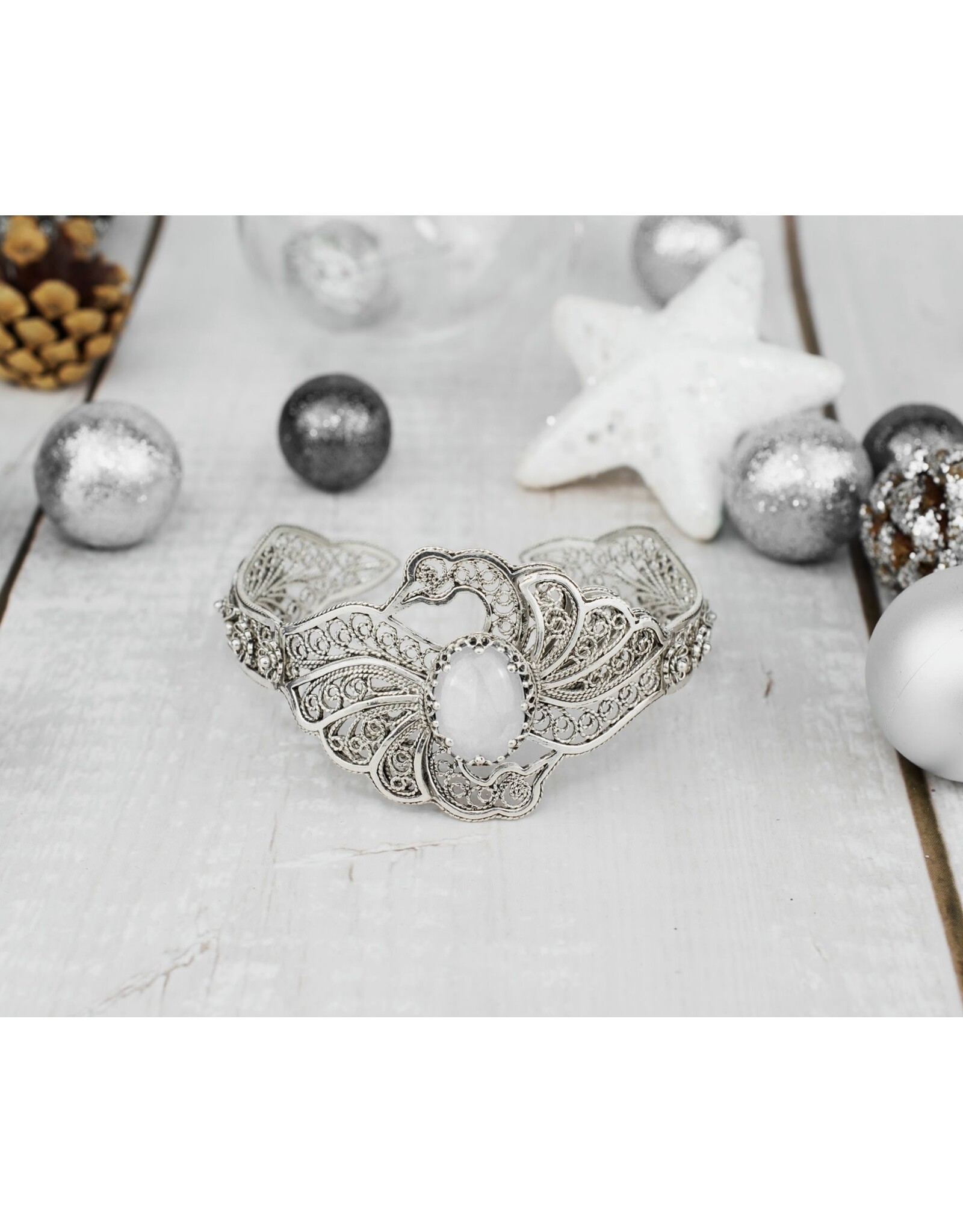Sterling Silver Filigree Mother of Pearl Swan Cuff Bracelet