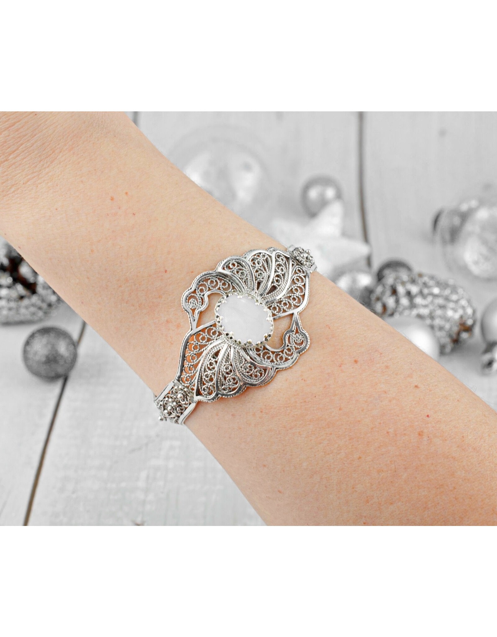 Sterling Silver Filigree Mother of Pearl Swan Cuff Bracelet