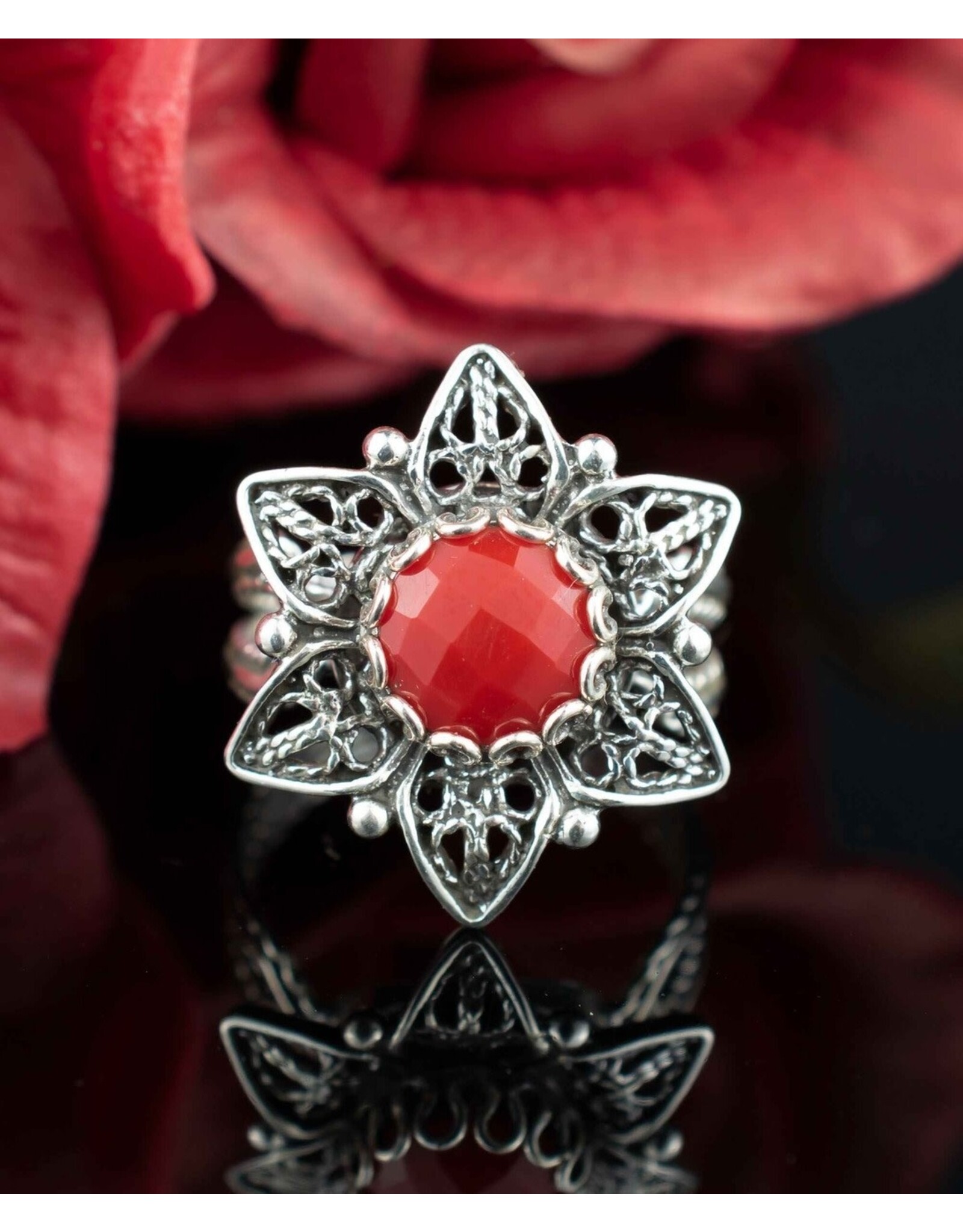 Filigree Coral Daisy Sterling Silver Ring Size 6