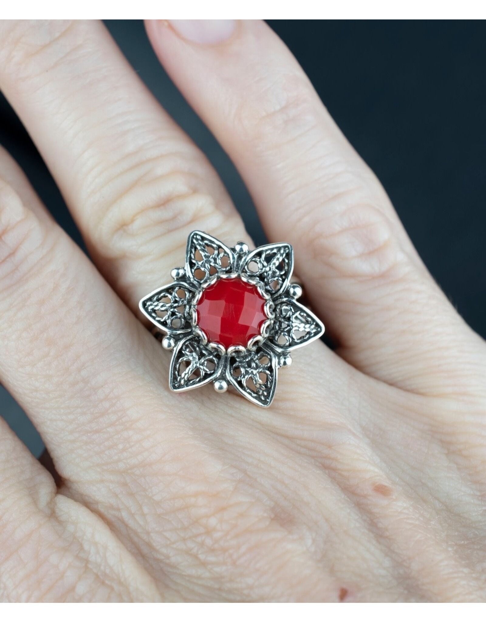 Filigree Coral Daisy Sterling Silver Ring Size 6