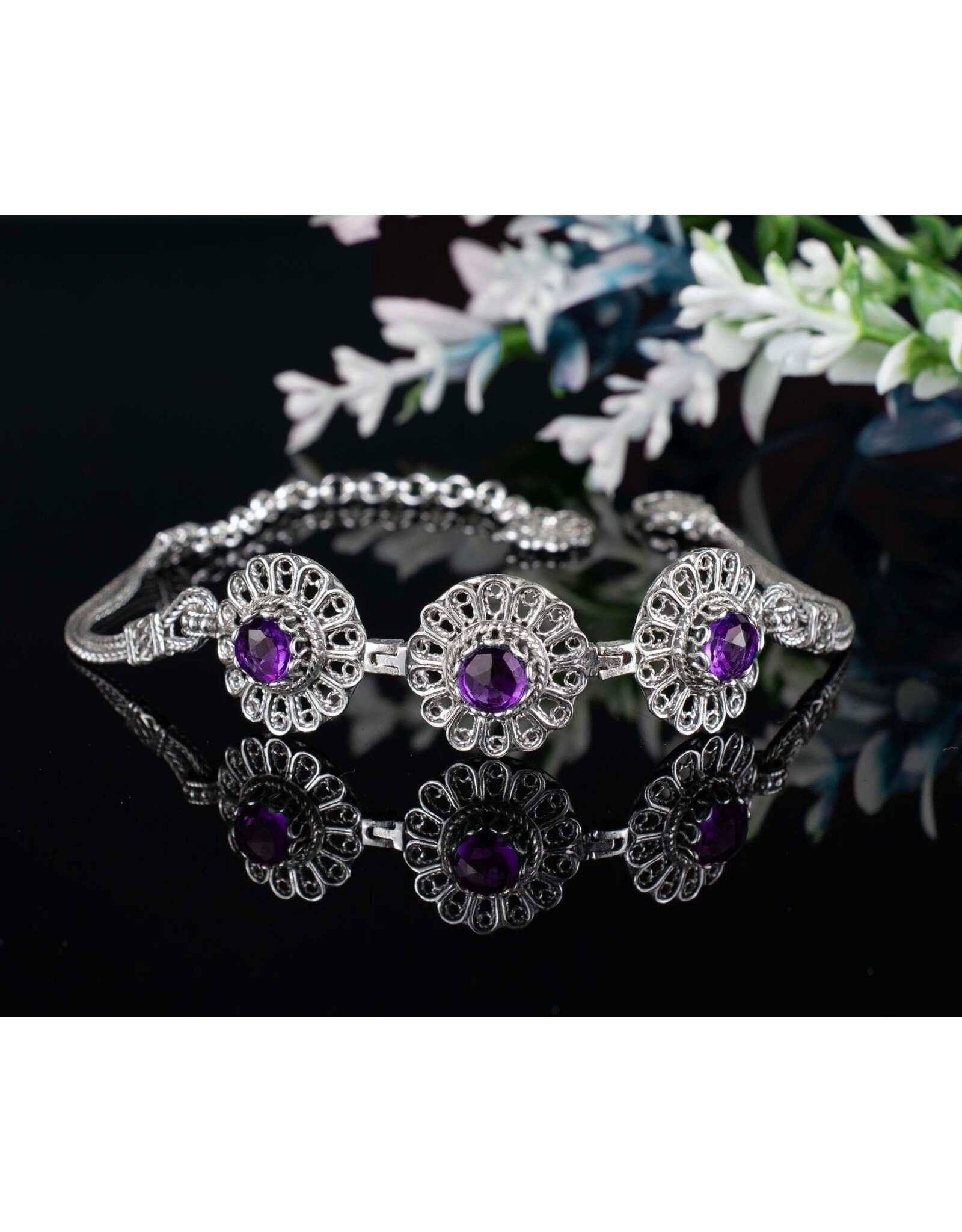 Filigree Amethyst Triple Sun Sterling Silver Bracelet