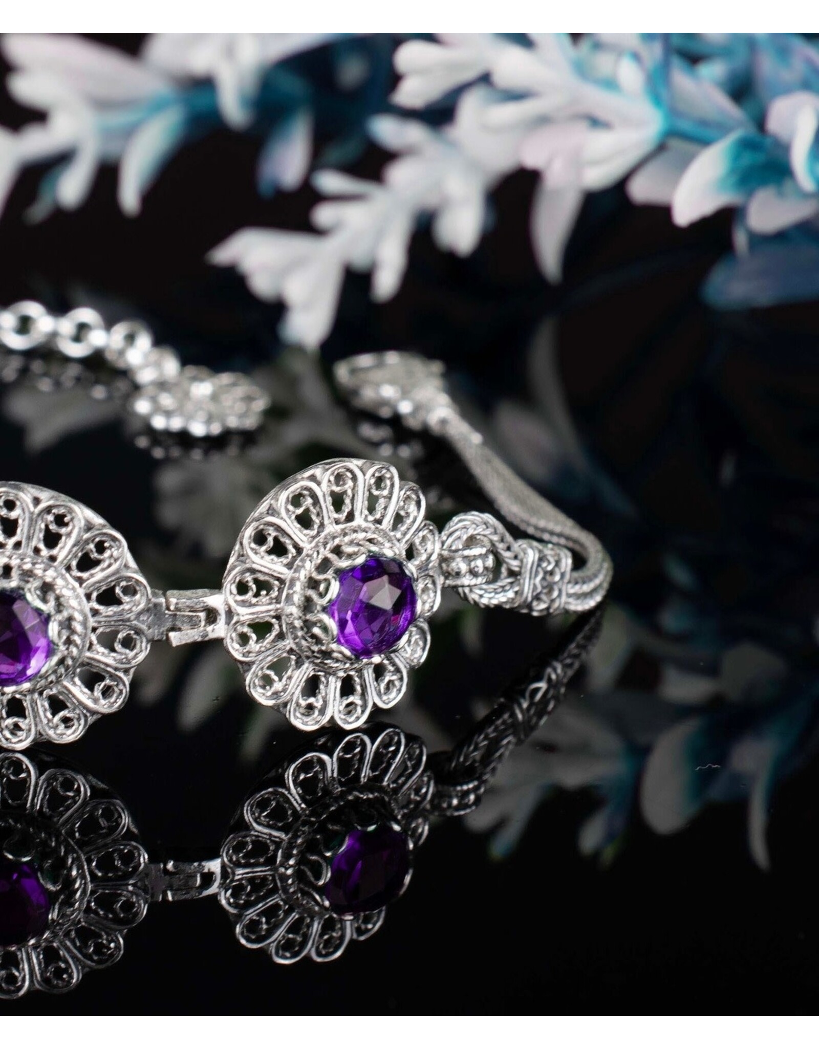 Filigree Amethyst Triple Sun Sterling Silver Bracelet