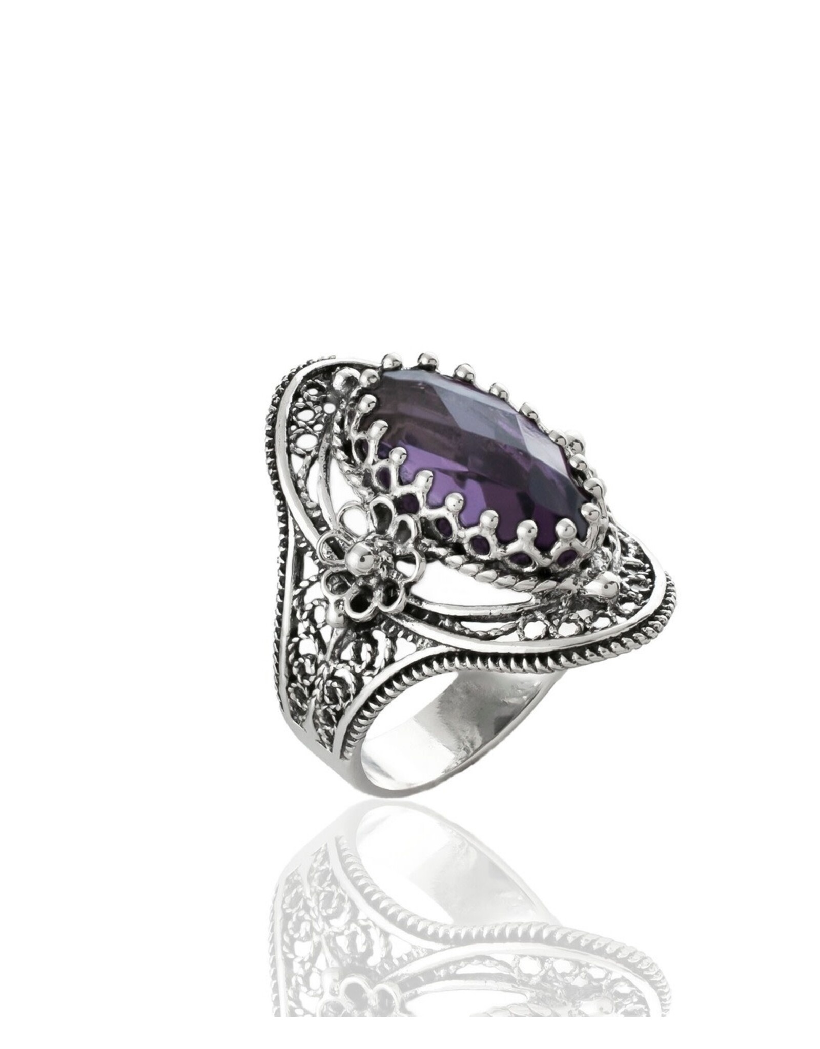 Filigree Amethyst Sterling Silver Statement Ring Size 6