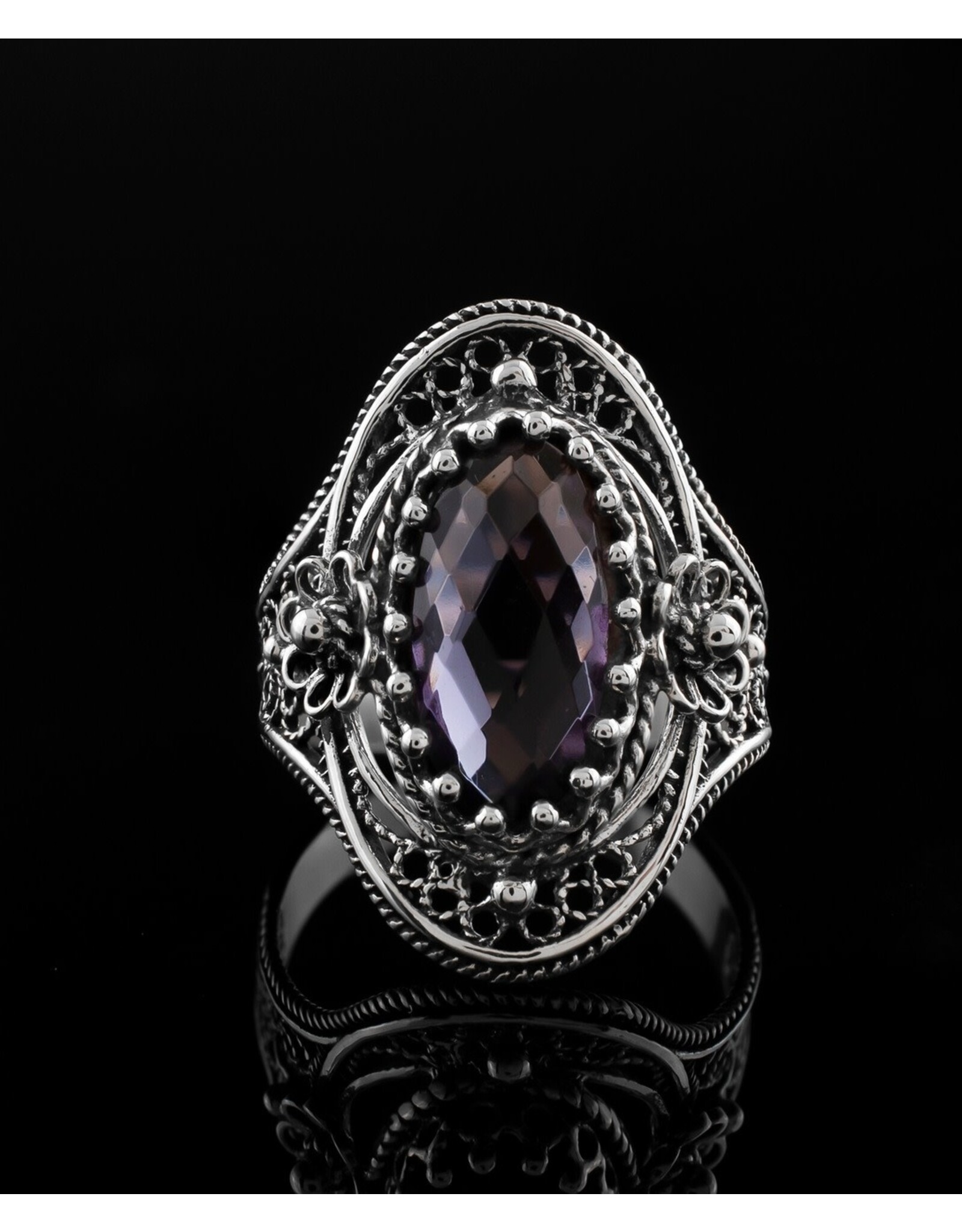 Filigree Amethyst Sterling Silver Statement Ring Size 6