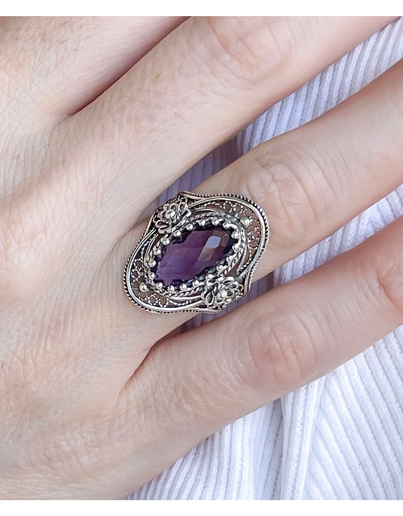 Filigree Amethyst Sterling Silver Statement Ring Size 6