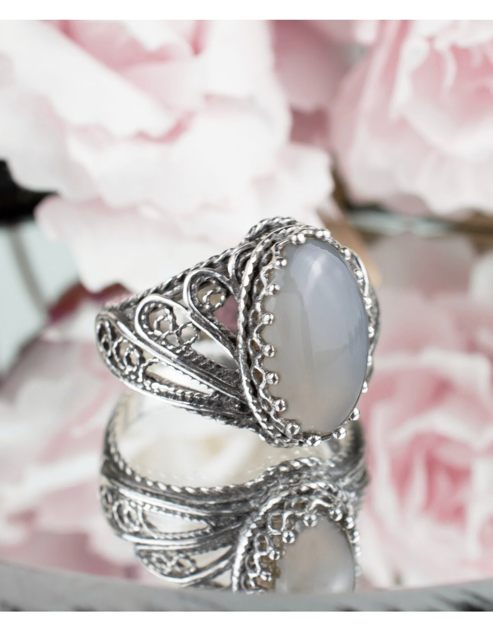 Filigree Moonstone Wings Silver Ring Size 9