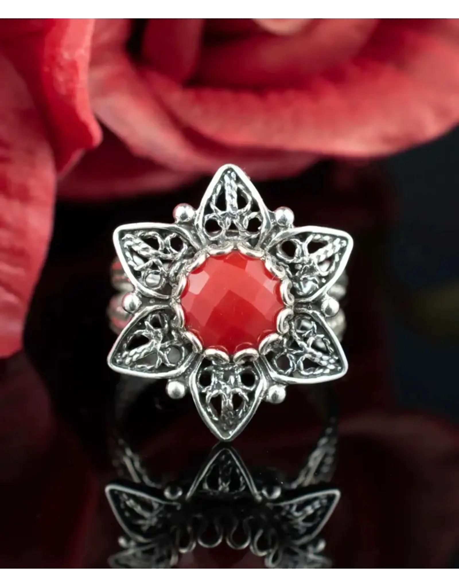 Filigree Coral Daisy sterling silver ring size 8.5