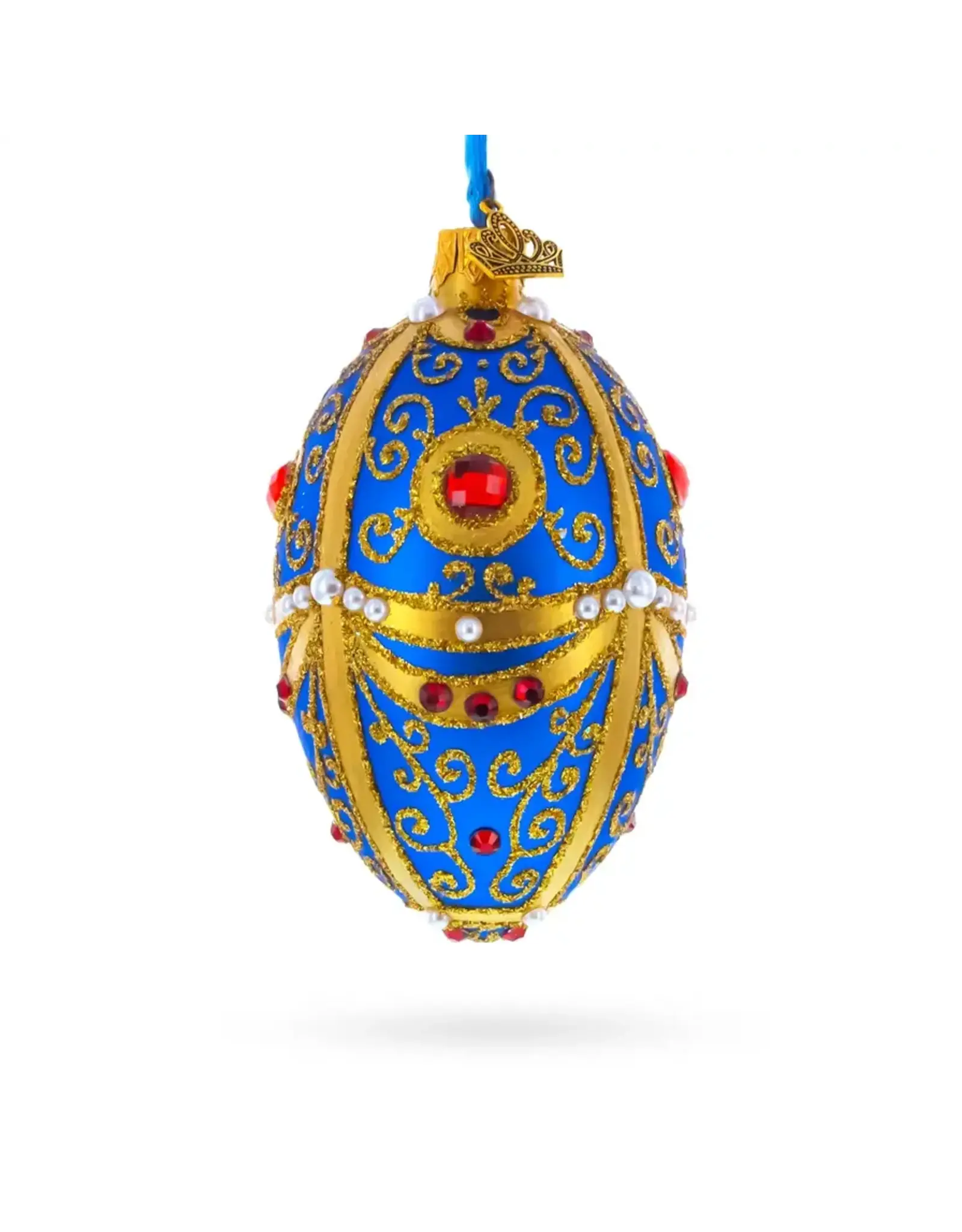 Royal Blue & Gold Jeweled Glass Egg Ornament