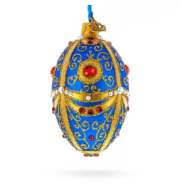 Royal Blue & Gold Jeweled Glass Egg Ornament