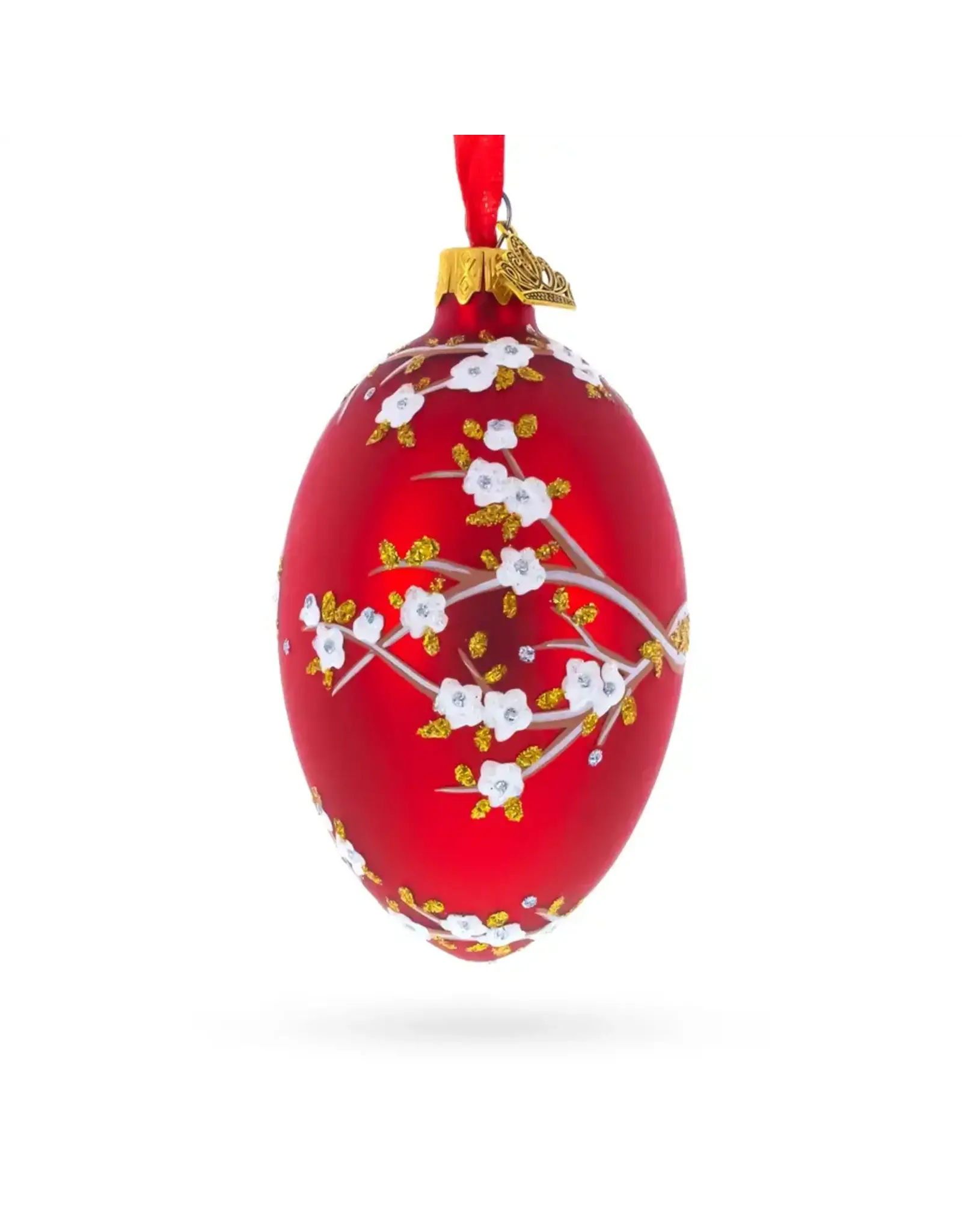 Apple Blossom on Red Glass Egg Ornament