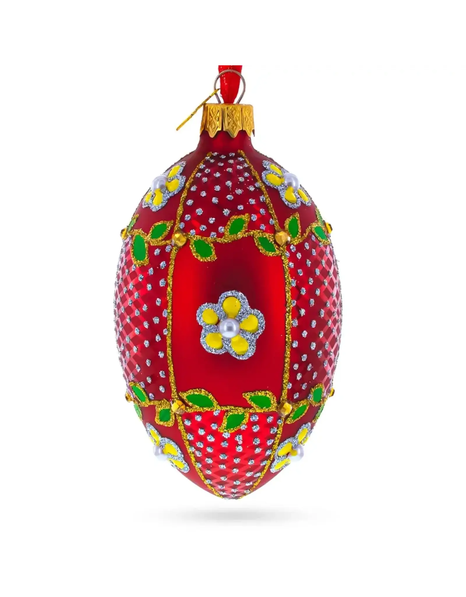 Yellow Flower on Red Glass Egg Ornament
