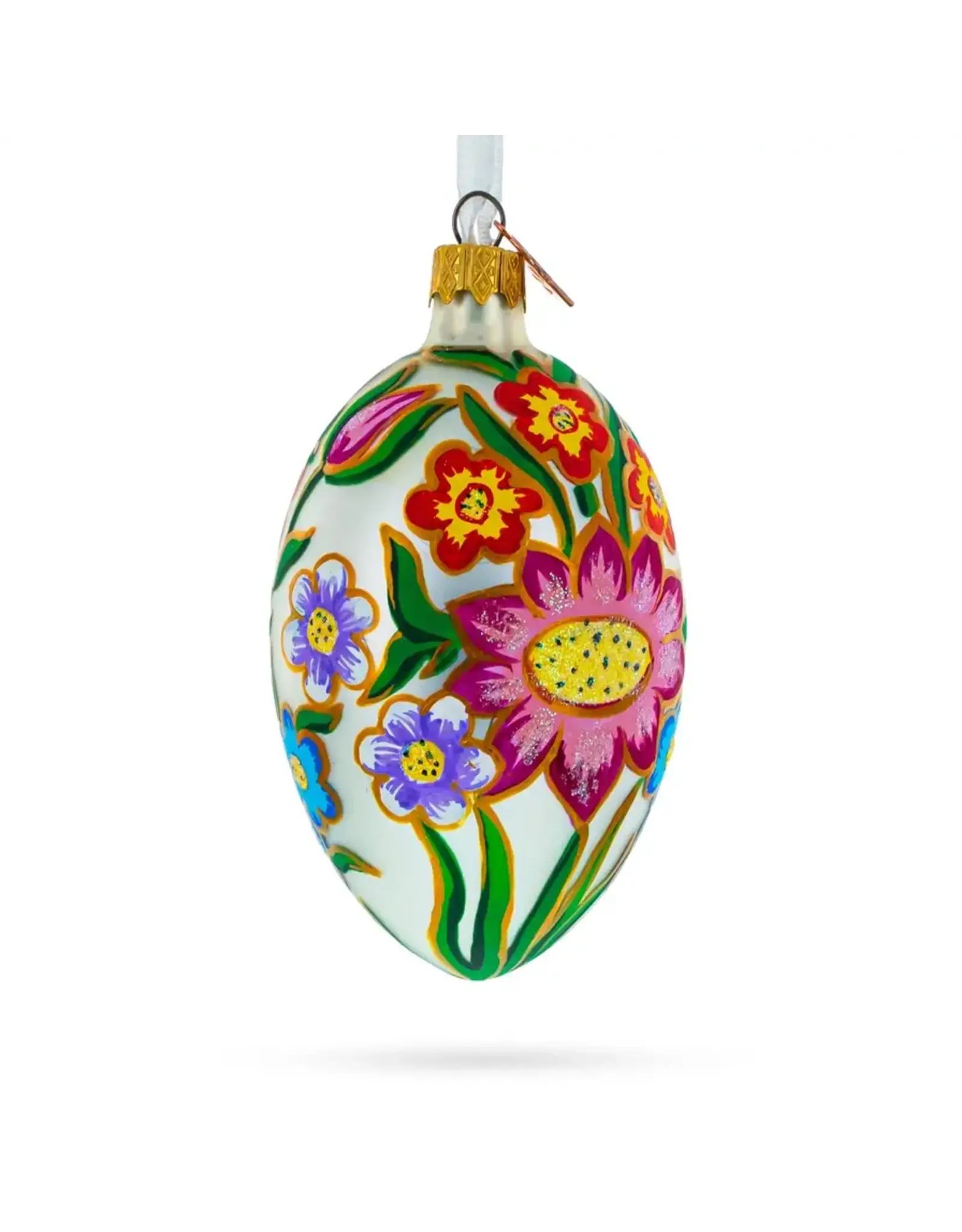 Colorful Flowers Glass Egg Ornament