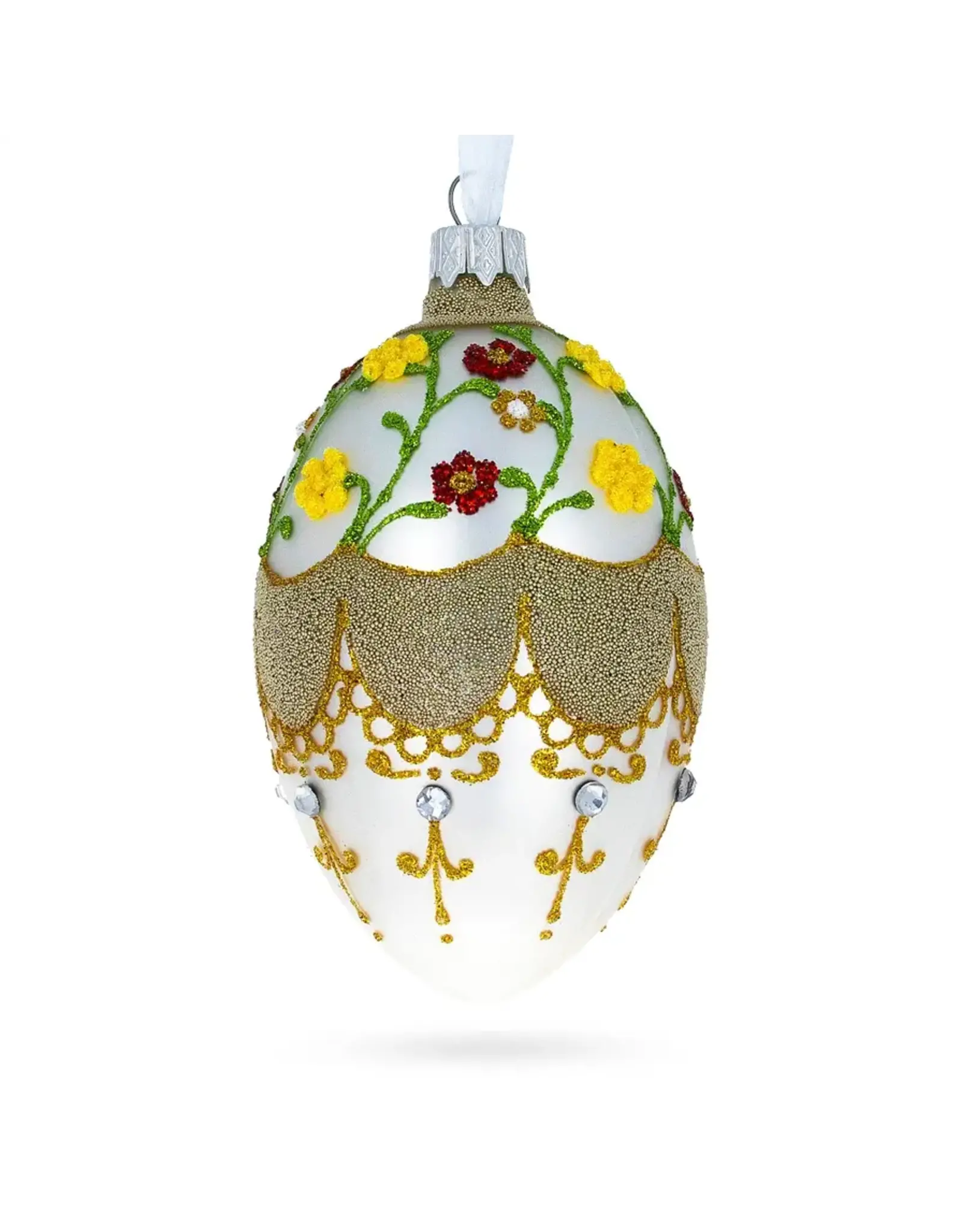 Gilded Flowers on White Glass Egg Ornament