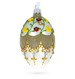 Gilded Flowers on White Glass Egg Ornament