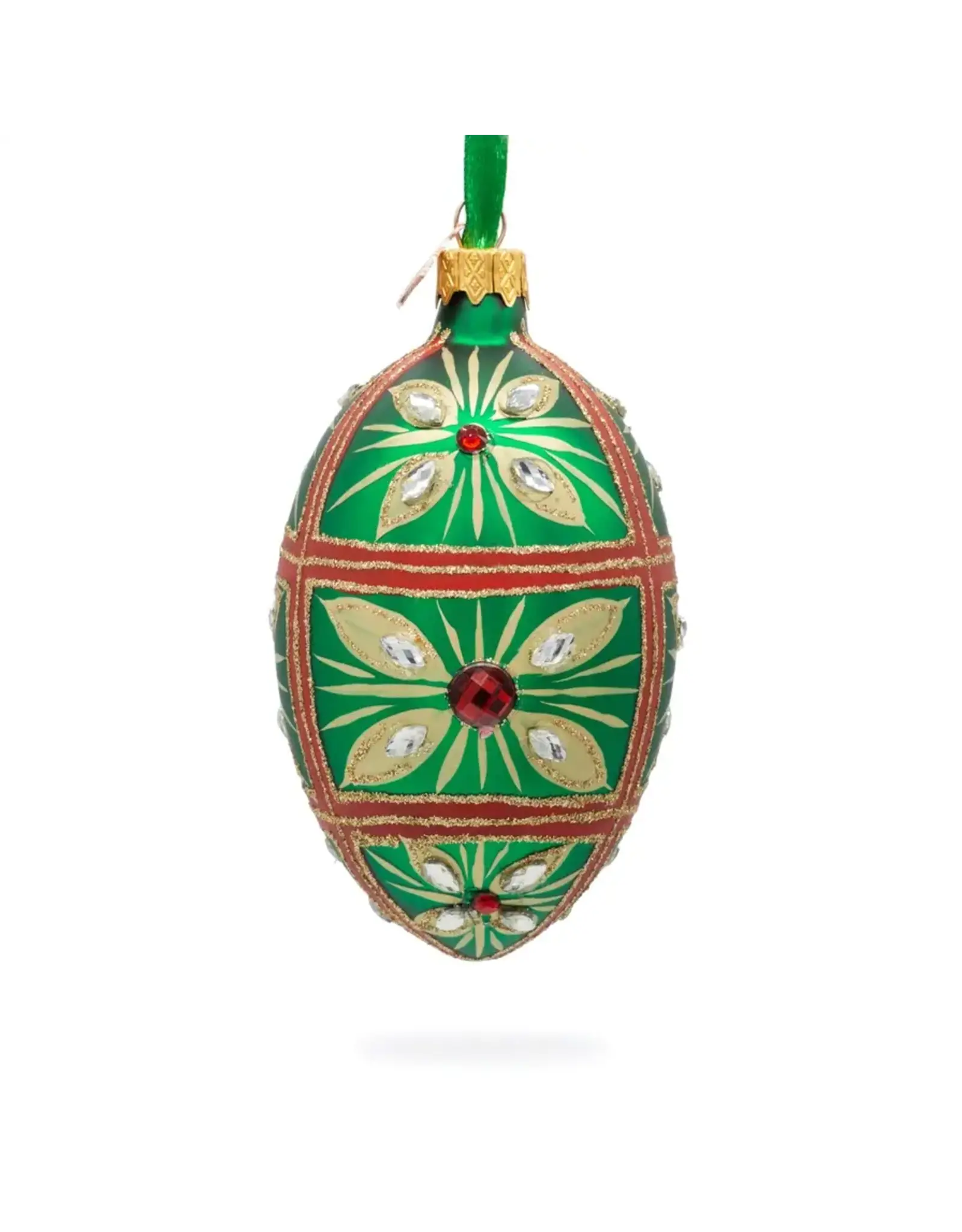 Red Jewels on Green Glass Egg Ornament