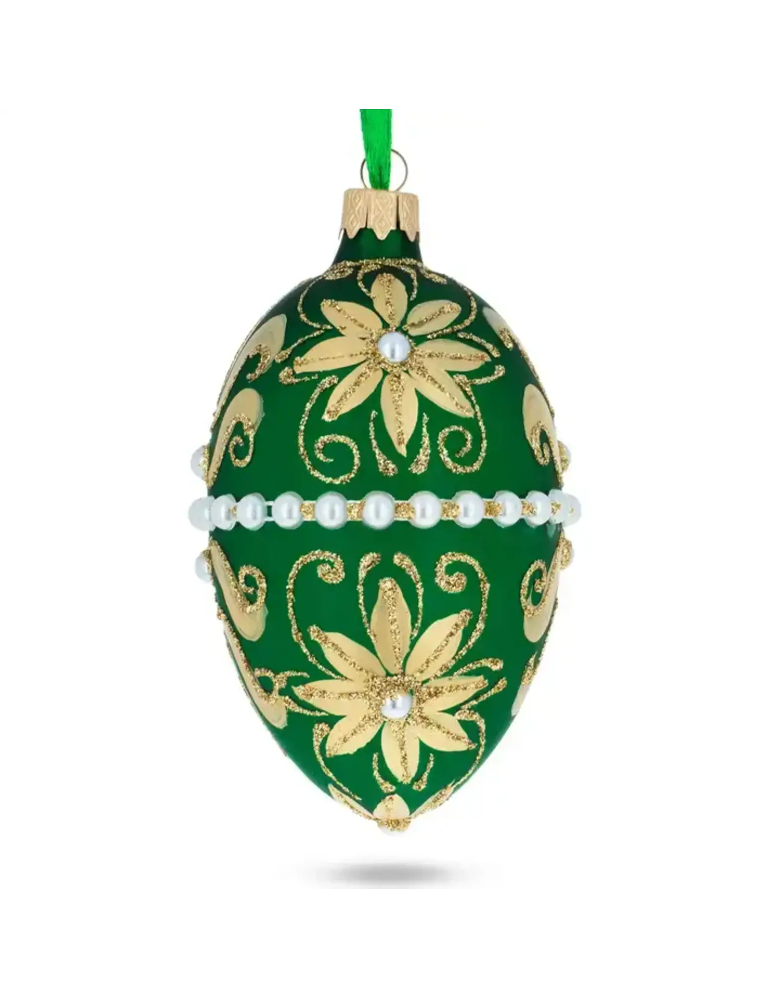 Beads with Gold Flowers on Green Glass Egg Ornament