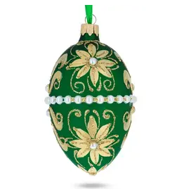 Beads with Gold Flowers on Green Glass Egg Ornament