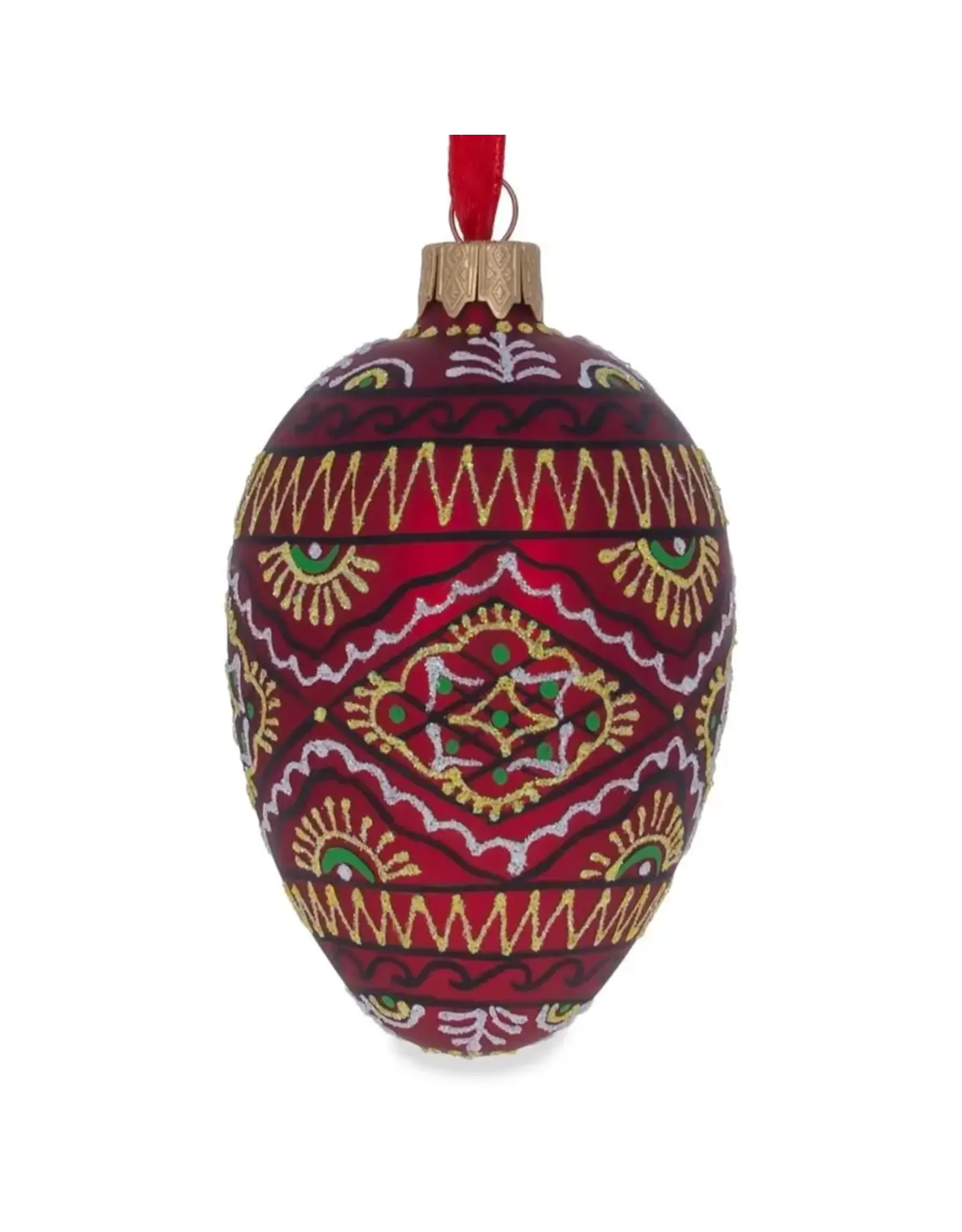 Ukrainian Folk Pattern on Red Glass Egg Ornament