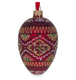Ukrainian Folk Pattern on Red Glass Egg Ornament