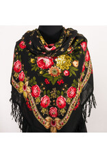 Red Roses on Black Pavlovo Posad Shawl