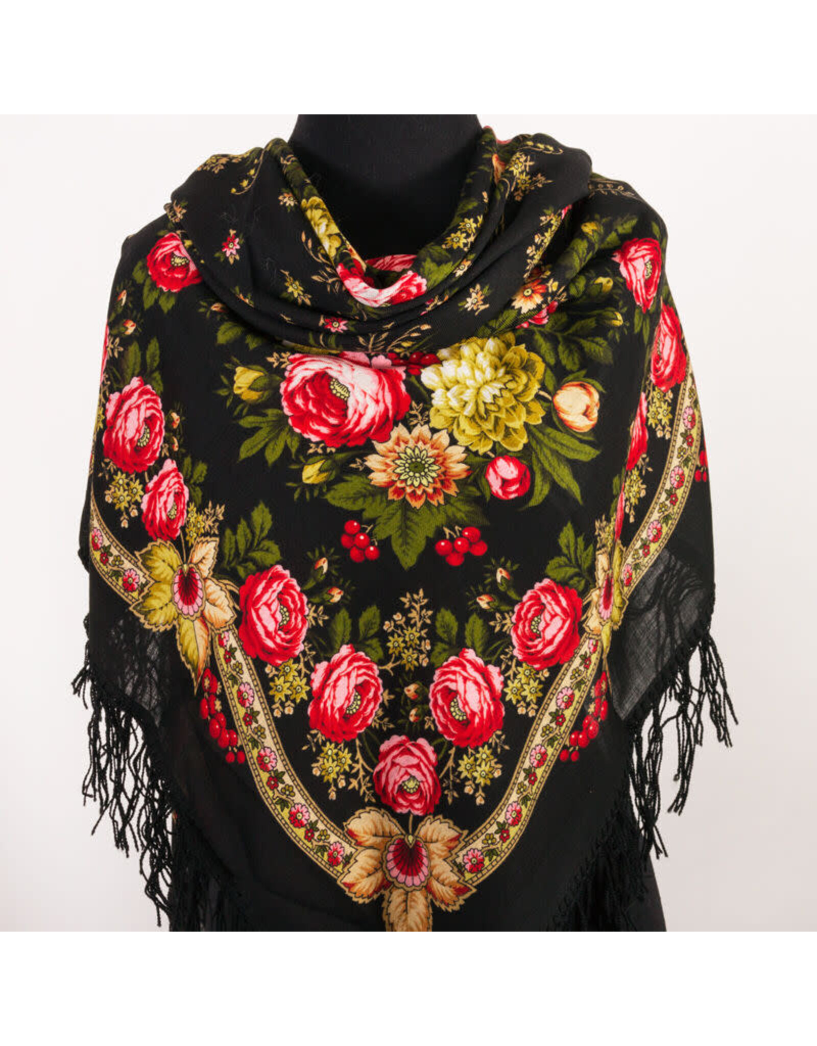 Red Roses on Black Pavlovo Posad Shawl