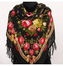 Red Roses on Black Pavlovo Posad Shawl