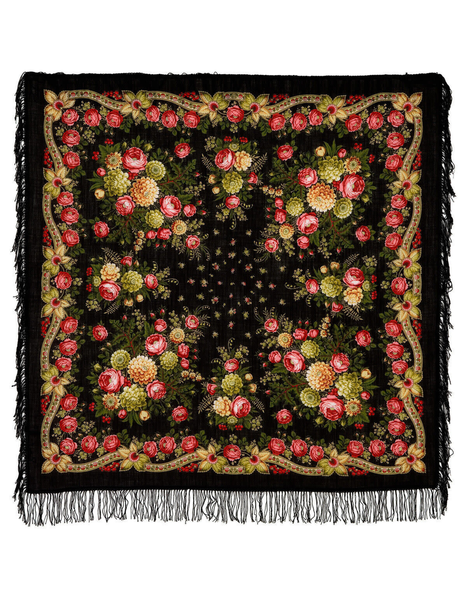 Red Roses on Black Pavlovo Posad Shawl