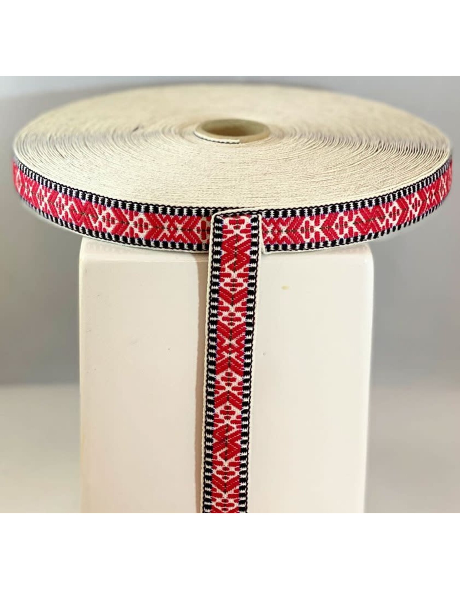 Red & White on Black Folk Pattern Ribbon
