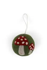 Green Felted Wool Ball Ornament w Mushroom