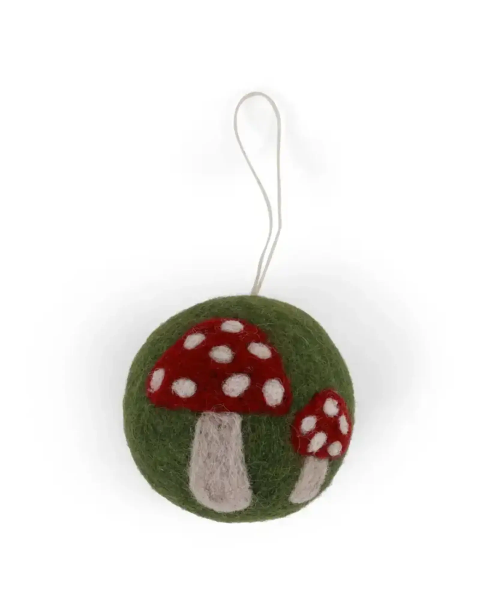 Green Felted Wool Ball Ornament w Mushroom